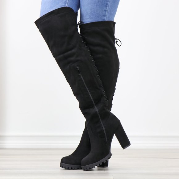 Full Lace-Up Back Black Faux Suede Thigh High Over The Knee Lug Block Heel Boots - Picture 10 of 14